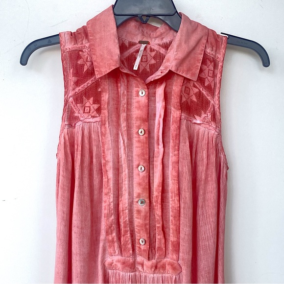 FREE PEOPLE Small Gauze Acid Wash Tie Dye Tunic Top Mesh Coral Reef Sleeveless - Picture 3 of 6
